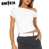 Женская весенняя однотонная футболка с диагональными плечами и короткими рукавами, плиссированная укороченная футболка для женщин