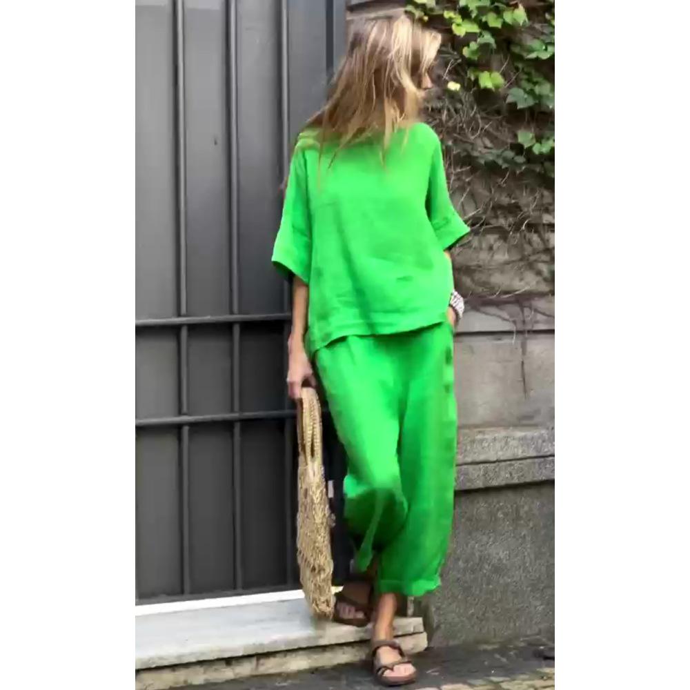 Женский комплект из хлопка и льна, весенне-летний однотонный повседневный топ с круглым вырезом и брюками со средними рукавами, комплект из 2 предметов