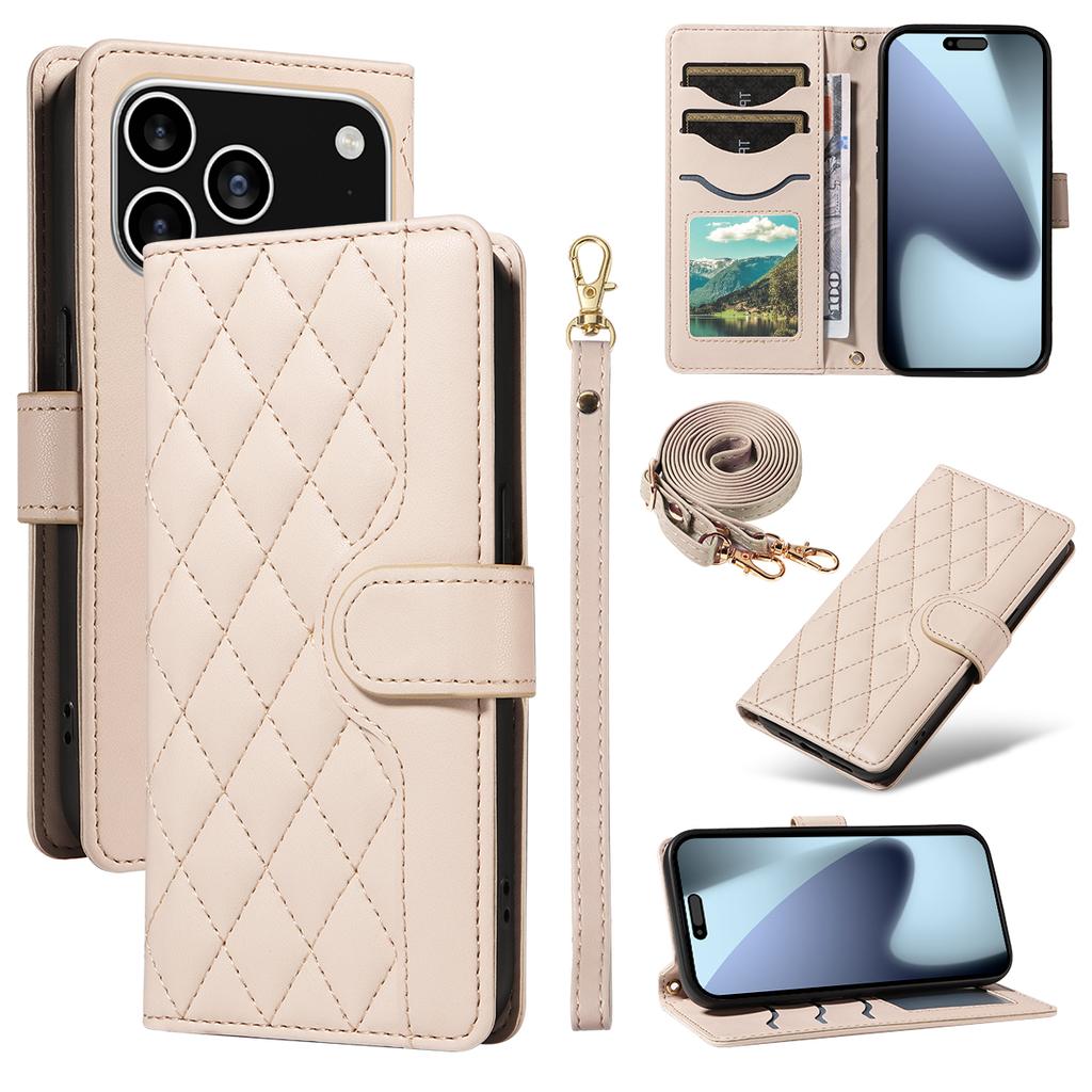 For iPhone 17 Pro Wallet Case Rhombus Leather Phone Cover with Strap