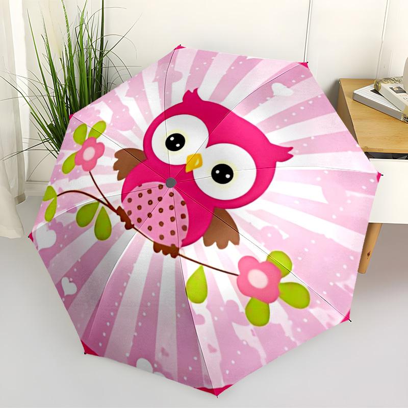 1pc Pink Owl Decor Fashionable Automatic Opening/Closing Folding Umbrella with 8 Iron Bones, Plastic Handle yy251015044