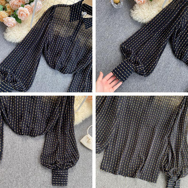 Шифоновая рубашка с длинными рукавами, женская французская винтажная свободная женская рубашка с рукавами-фонариками, топ в горошек