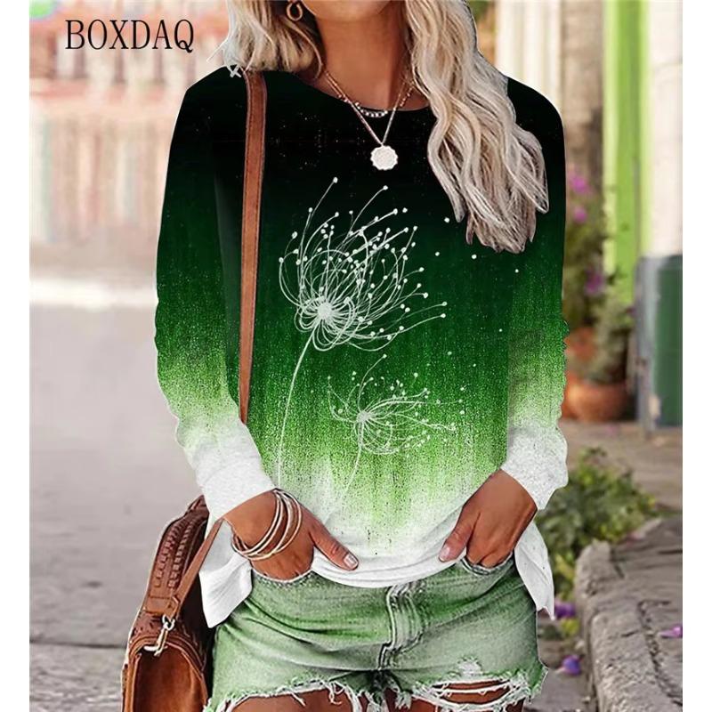 Футболки женские с рисунком одуванчика весна осень с длинным рукавом 3D Plant&Flowers Print Street Gradient женские футболки 6XL Plus Size