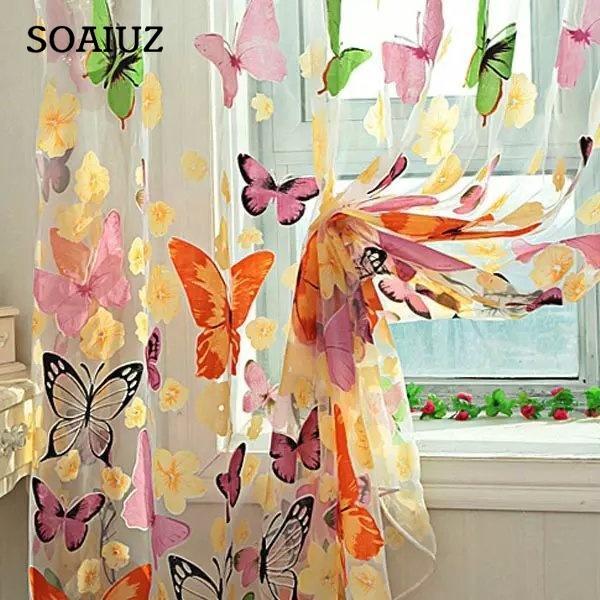 Прозрачные шторы с цветочными бабочками Прозрачные вуаль Тюль Оконные шторы