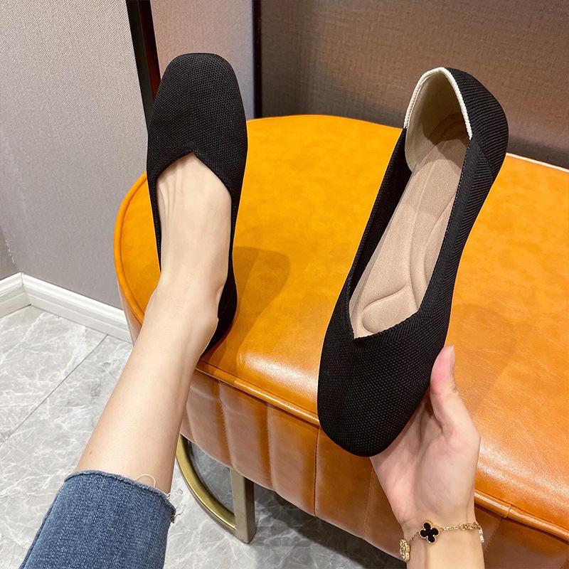 Square Head Single Shoes Women'S Shallow Mouth Flat Bottom European And American Style Shoes Knitted Shoes Soft Sole Knitted Shoes Women