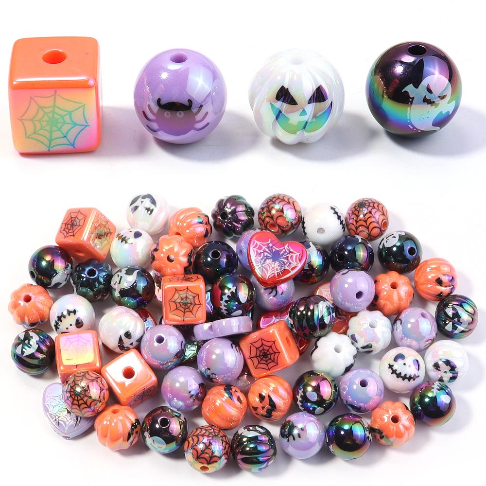 10pcs/lot Halloween Series Printed Beads Colorful Loose Round Heart Shape Acrylic Beads For DIY Charms Bracelet Necklace Jewelry