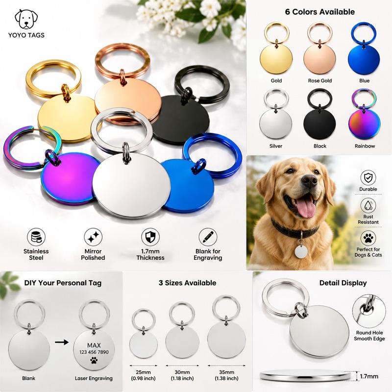Wholesale 50PCS Stainless Steel Round Dog ID Tag Blank Pendants For Necklaces Custom DIY Jewelry Making Keychain Dog Tag