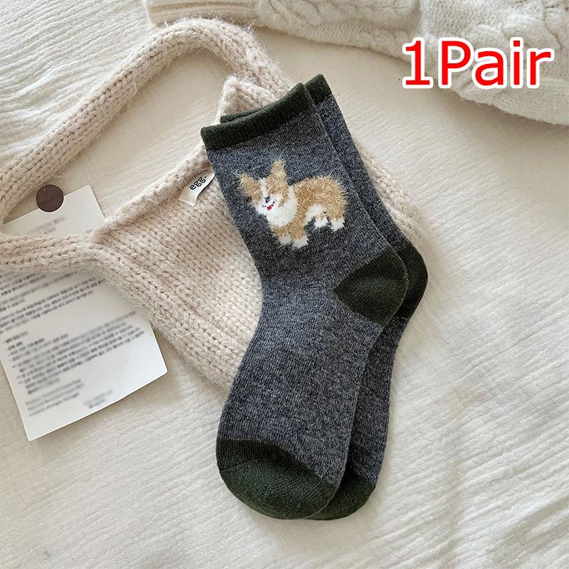 Spring and Autumn Cotton Wool Puppy Cartoon Socks Cute Style Plush Academy Style Color Blocked Stacking Socks