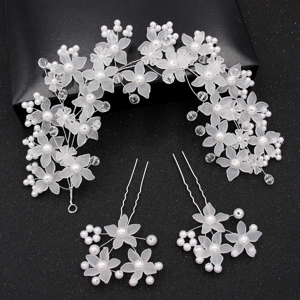 Europe and America Cross Border White Acrylic Frosted Flower Handmade Pearl Flexible Chain Hair Accessories Headdress Hairpin