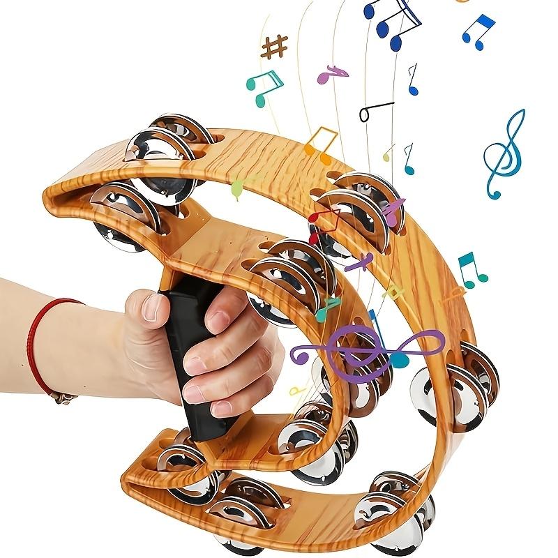 Professional half-moon tambourine with jingles, a hand-held percussion instrument featuring thick jingle strips and an ergonomic handle, suitable for