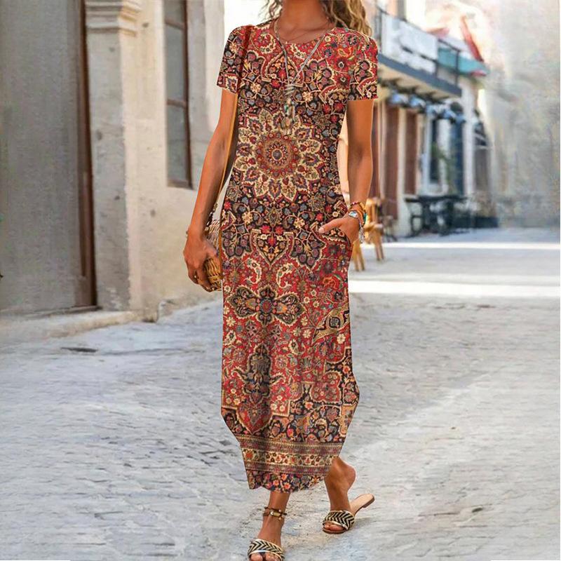 QICED Женская мода лето весна однотонный принт с коротким рукавом и круглым вырезом с высокой талией повседневные платья