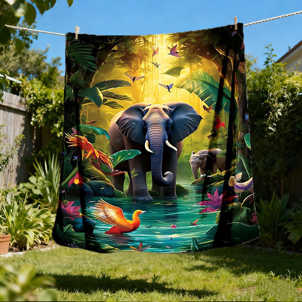 1pc Jungle Elephant Print Outdoor Blanket, Lightweight Polyester,