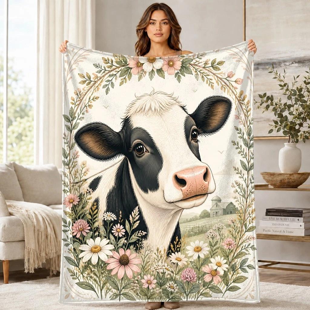 Floral Cow Portrait Coral Fleece Blanket