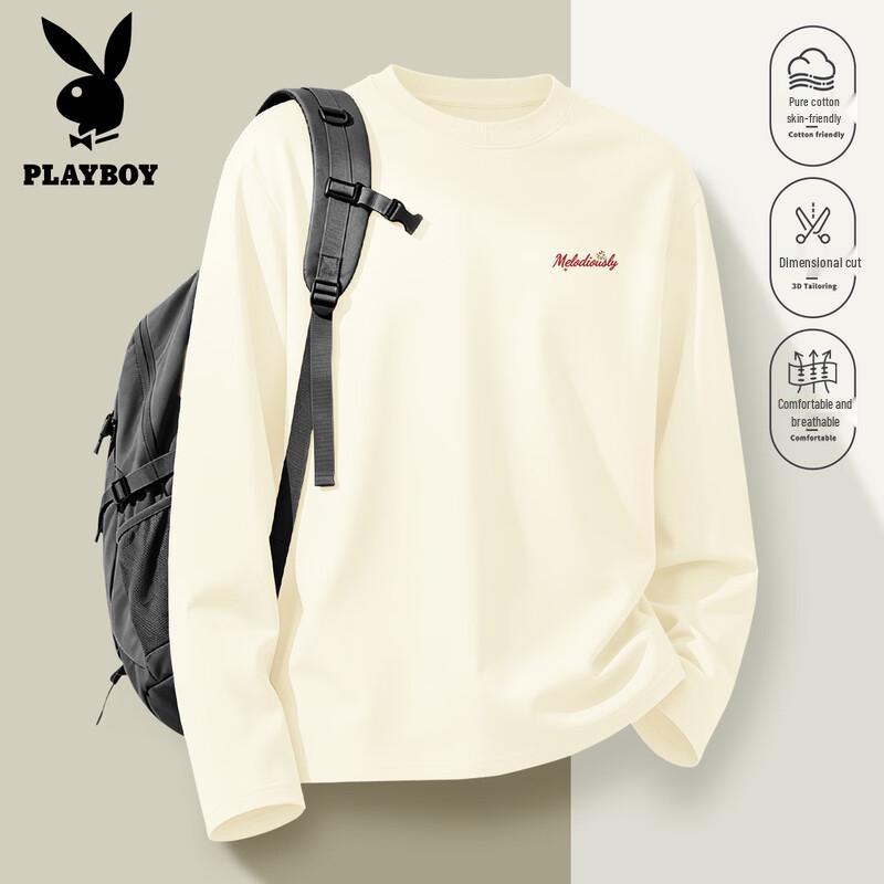 PLAYBOY Men's Long-Sleeve Pure Cotton Crewneck T-Shirt