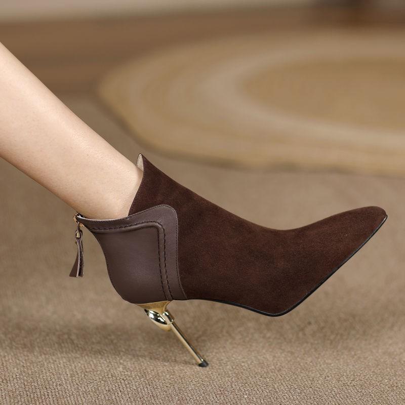 AJGS Зимние черные женские ботильоны из искусственной замши со стразами, элегантные короткие сапоги с острым носком и высокими каблуками-шпильками