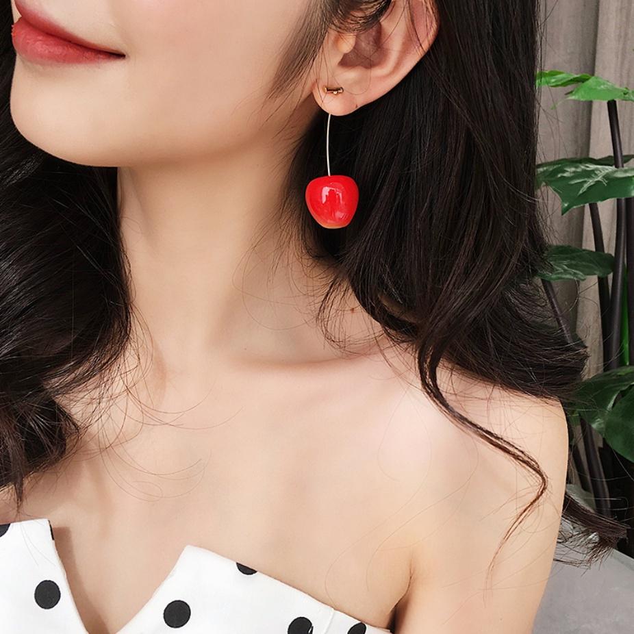 Cute Sweet Simulation Red Cherry Gold Color Fruit Stud Earrings for Women Girl Gift