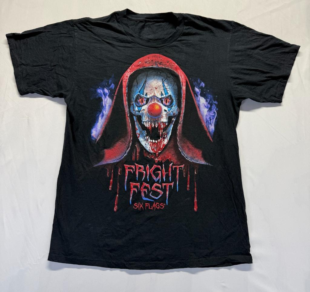 Six Flags T Shirt Mens Medium Black Graphic Print Fright Fest Scary Clown Skull Unisex T-Shirt
