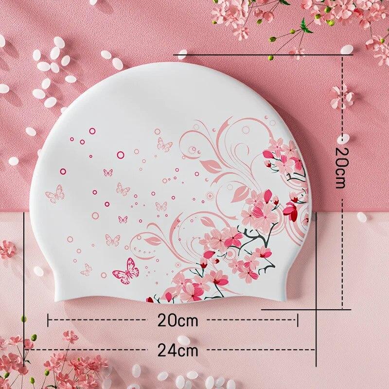 Силиконовая шапочка для плавания со свежим сладким цветочным принтом для женщин, модная шапочка для плавания с длинными волосами, защита ушей, аксессуары для бассейна