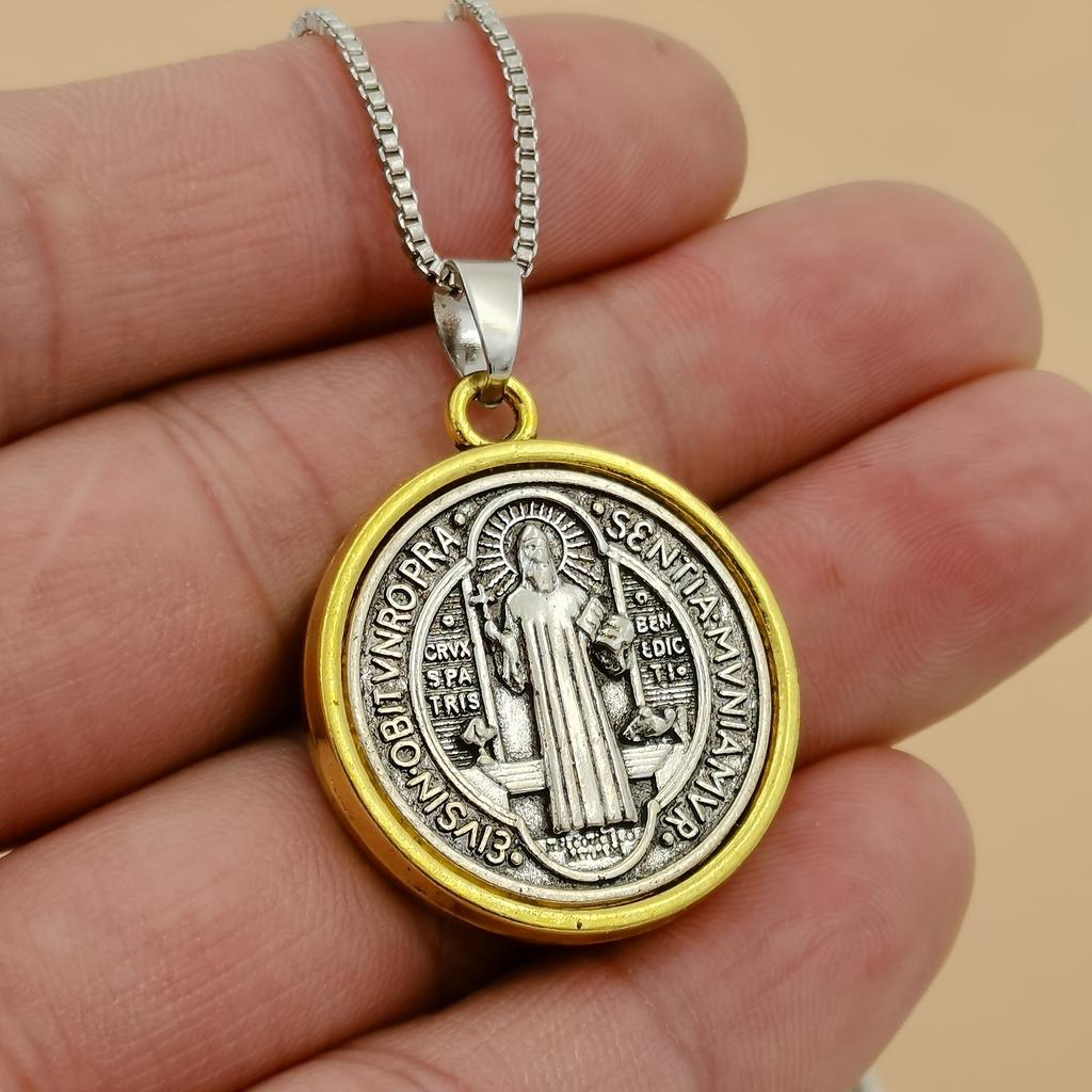 1pc Saint St Benedict Medal Cross Pendant Necklace Coin Medallion Necklace Talisman Two Tone Divine gifts Bringing good luck Men's and women's styles