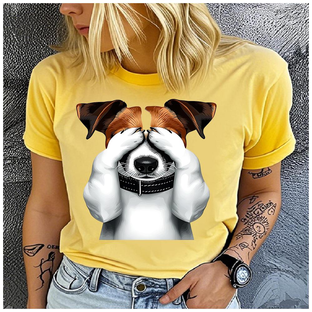 Unisex Womens Cotton Naughty Jack Russell Print TShirt Loose Round Neck Casual Short Sleeve Fashion Top Clothing Summer