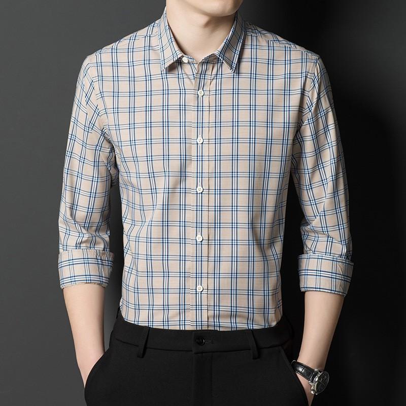 Весенний новый стиль, мужская рубашка с лацканами для молодежи и среднего возраста, повседневная свободная дышащая рубашка в квадратную клетку большого размера