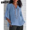 Популярная модная летняя женская рубашка свободного покроя с V-образным вырезом и рукавом из хлопка и льна, однотонная