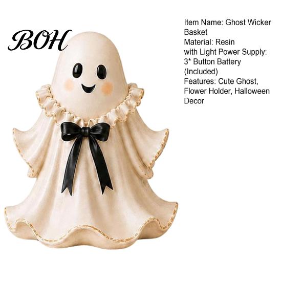 Unique Home Decor Gifts Cute Ghost Wicker Basket, Tabletop Resin Halloween Figurine with Floral Holder, Flower Basket Spooky Shaped Vase for