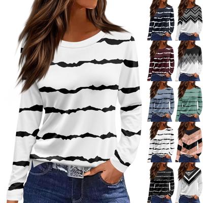 Женская модная повседневная свободная футболка с разрезом и круглым вырезом с длинным рукавом с принтом, женский топ