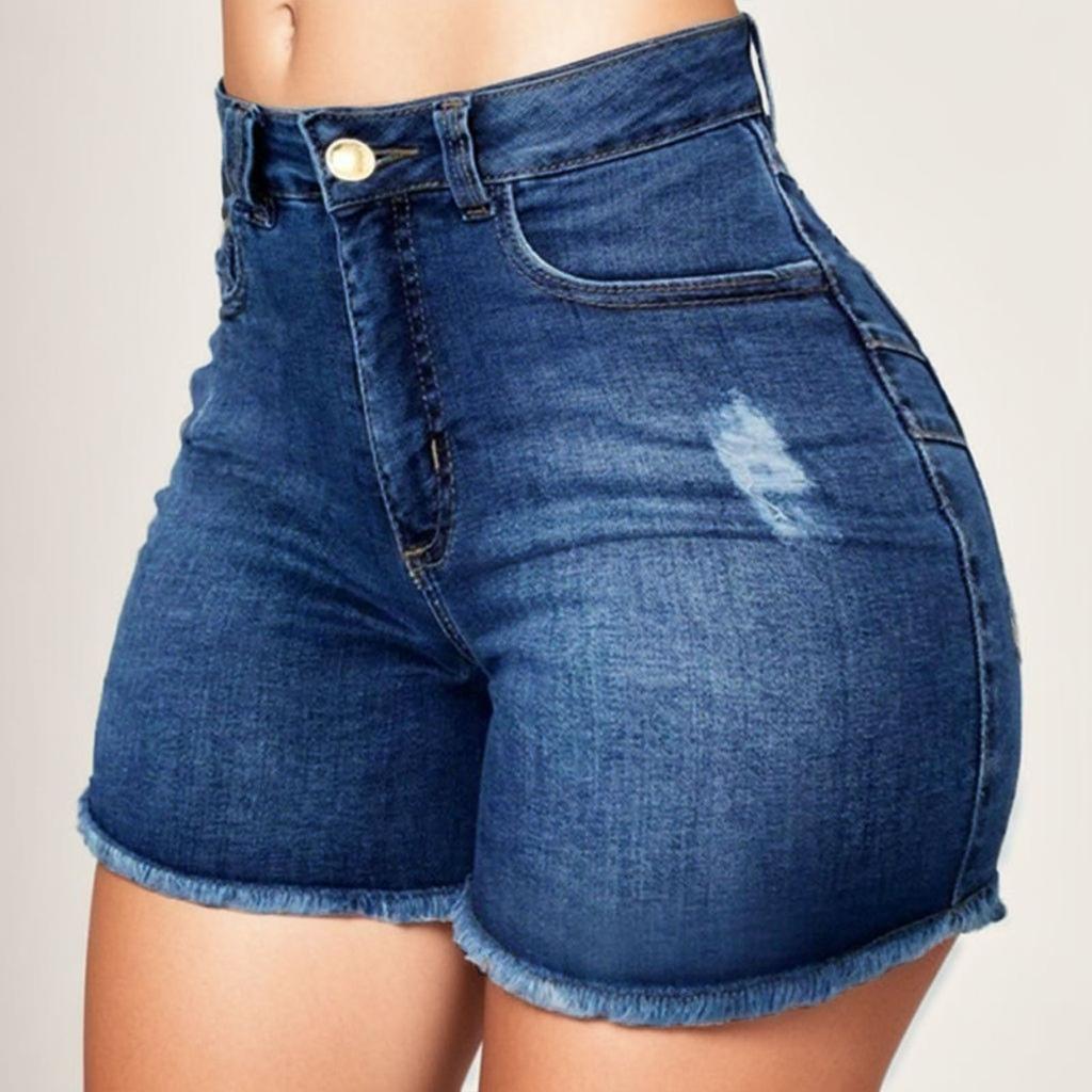 Women's Denim Shorts Summer Lady Clothing High Waist Denim Shorts Women's Fringe Frayed Ripped Jeans Shorts With Pockets