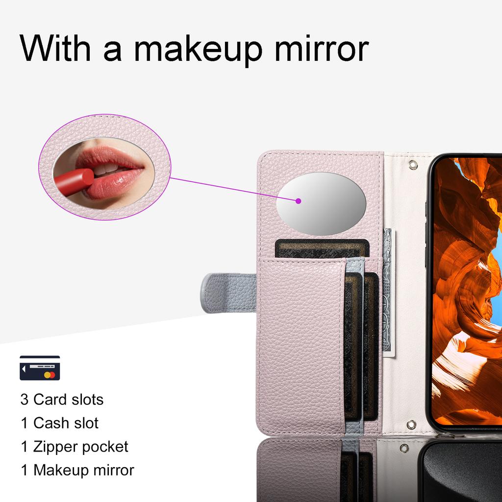 ESEBLE E11 For iPhone 17 Pro Max Case Zipper Pocket Litchi Texture Leather Phone Cover with Mirror and Wrist Strap