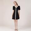 French New Arrival Color-Block V Neck Fastener Decoration Pleated Short Sleeves Knitting Dress Female Silm Mid Length Long Length Bodycon Dress
