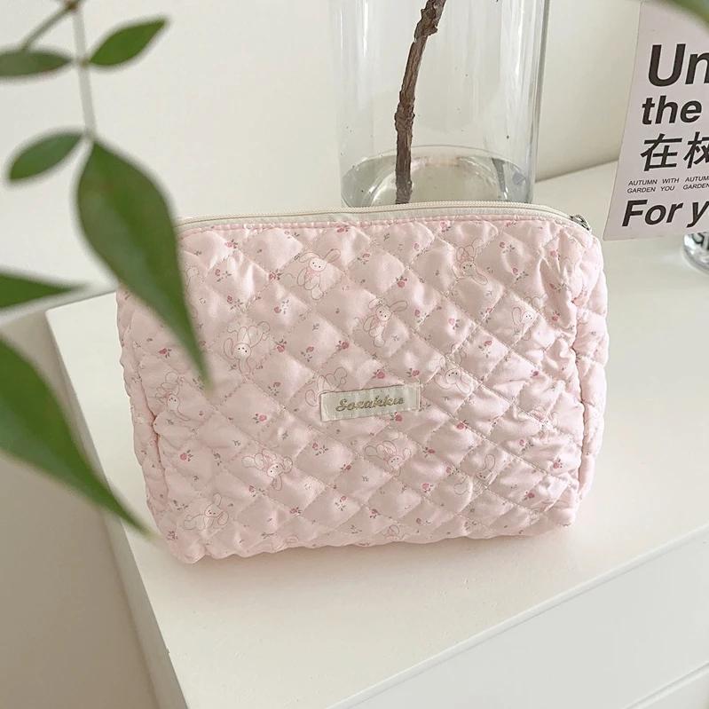 Cute Pink Women's Cosmetic Bag Make Up Case Quilted Cotton Travel Storage Bags Portable Wash Bag Clutch Purse Handbags Mommy Bag