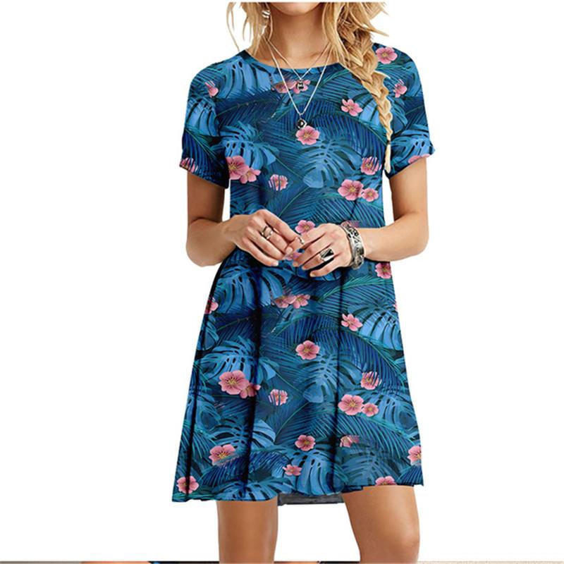 3D Green Leaves Floral Printed Dress For Women Summer Loose Casual Short Sleeve O-Neck Dress