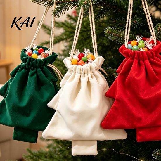 Party Favor Gift Packaging Christmas Tree Drawstring Presents Bag, Reusable Plush Wrapping Pouch, Decorative Pendant Bags Shaped Holiday Favors