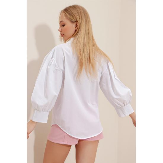 Women's Brown Concealed Pleat Balloon Sleeve Basic Poplin Shirt