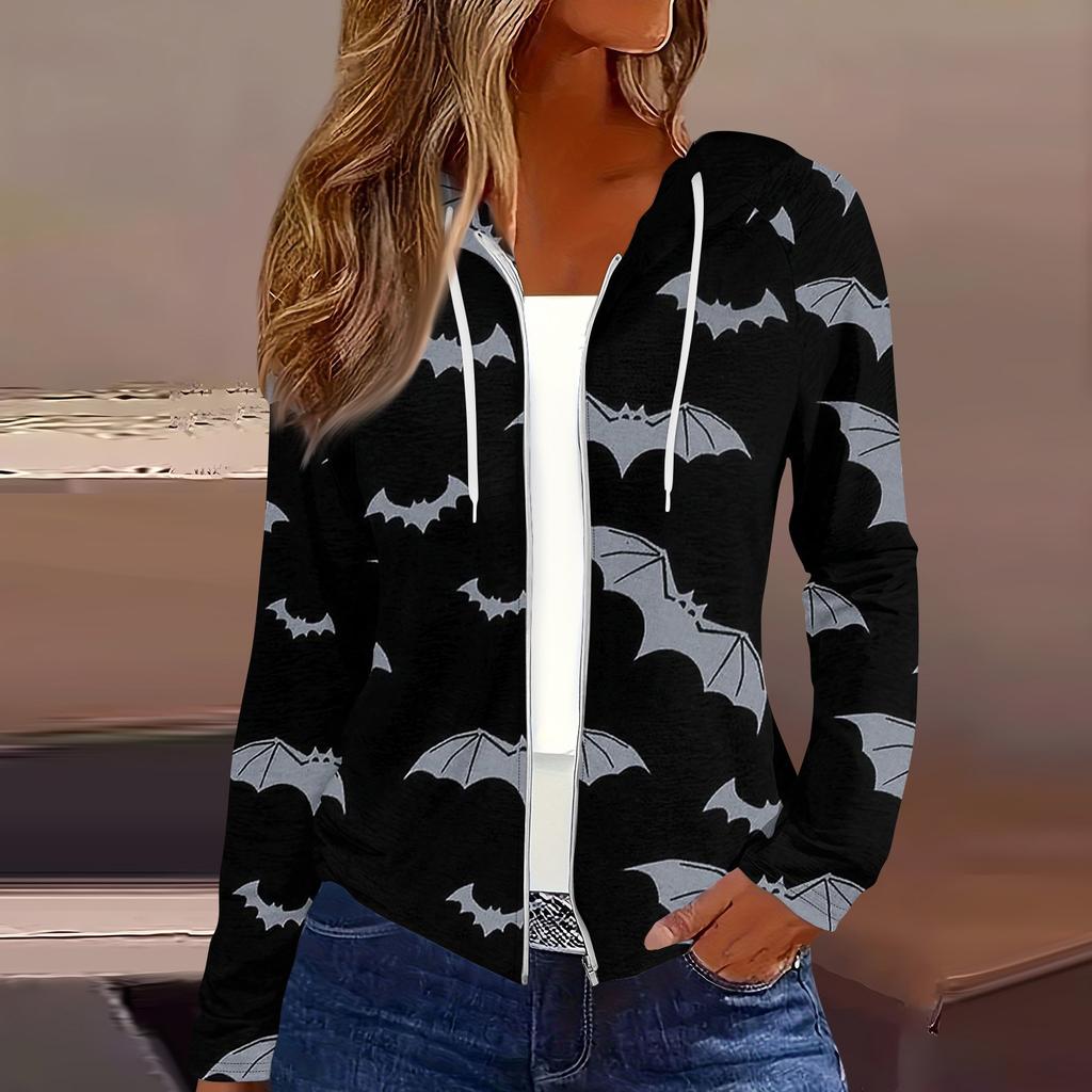 Women's Fashion Casual Zip Up Hooded Halloween Print Long Sleeve Sweatshirts Coat