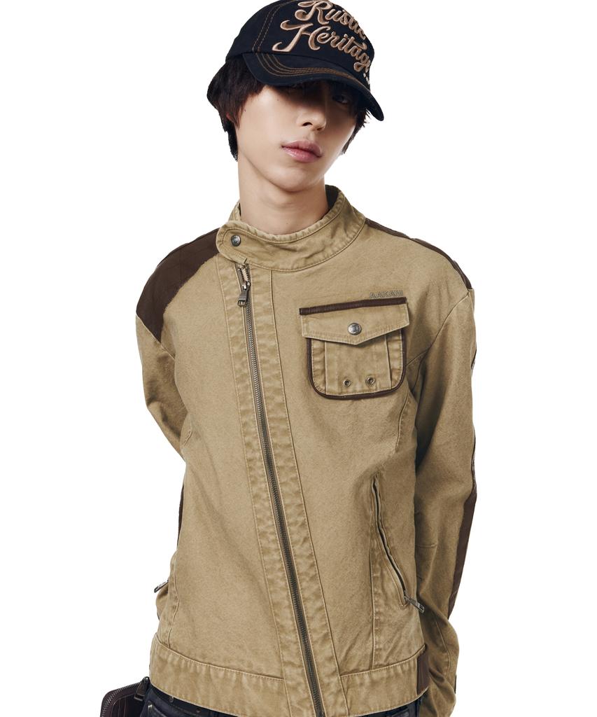 AAKAM Slant Leather Patch Jacket (Beige)
