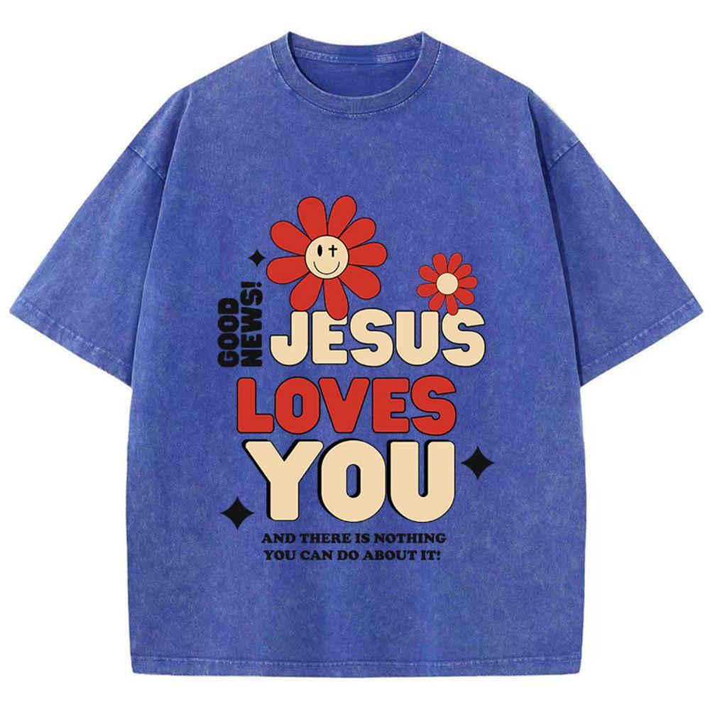 Woman Cotton Washed T-Shirts Good News Jesus Loves You Letter Graphic Print Short Sleeve Loose O-Neck Tops Summer Female Clothes
