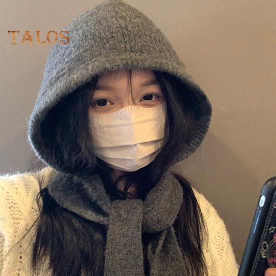 Женская Балаклава с встроенным шарфом, зимняя вязаная шапка, толстая защита ушей, однотонный ветрозащитный теплоизоляционный головной убор для походов и путешествий