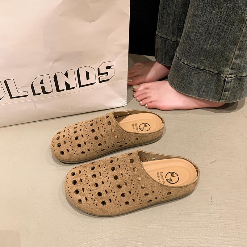 Ретро популярные шлепанцы на толстой подошве с полым носком, женская летняя обувь 2025, новые модели с юбками, нескользящими отверстиями и полупальцами