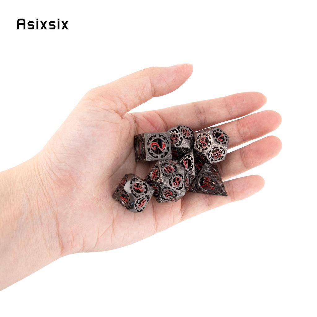 7 Pcs Black Red Gear Wheel Metal Dice Hollow Metal Polyhedral Dice Set Suitable for Role-Playing RPG Board Game Card Game
