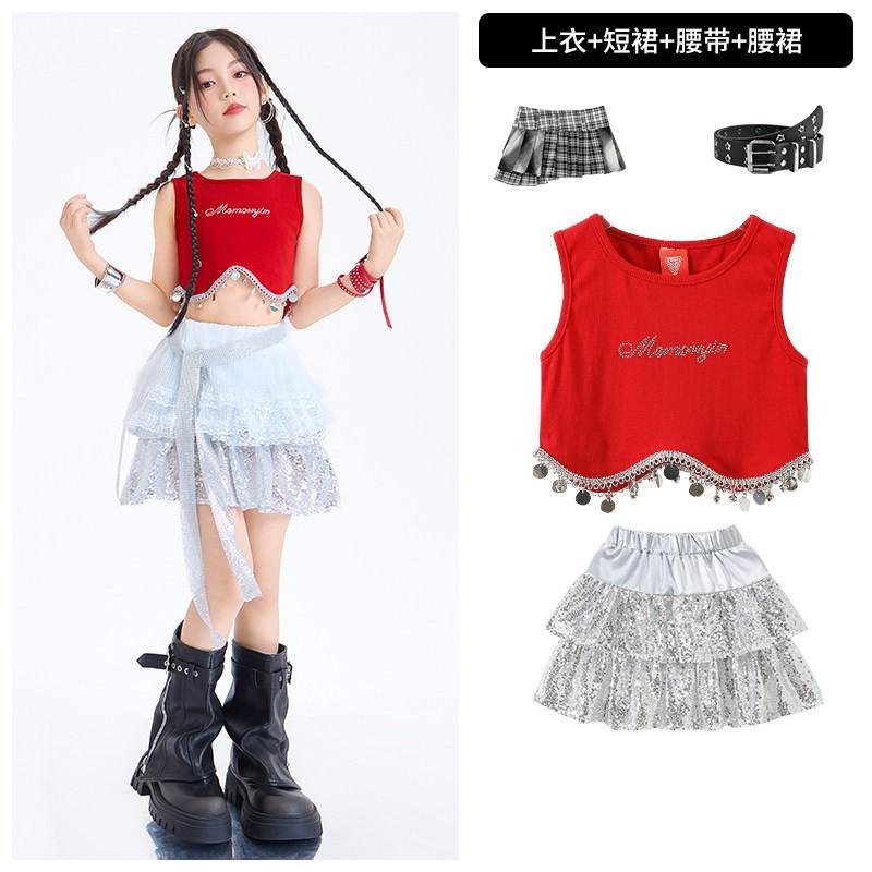 Girls Jazz Dance Costume Kids Crop Top Skirt Set Trendy Performance Wear Stage