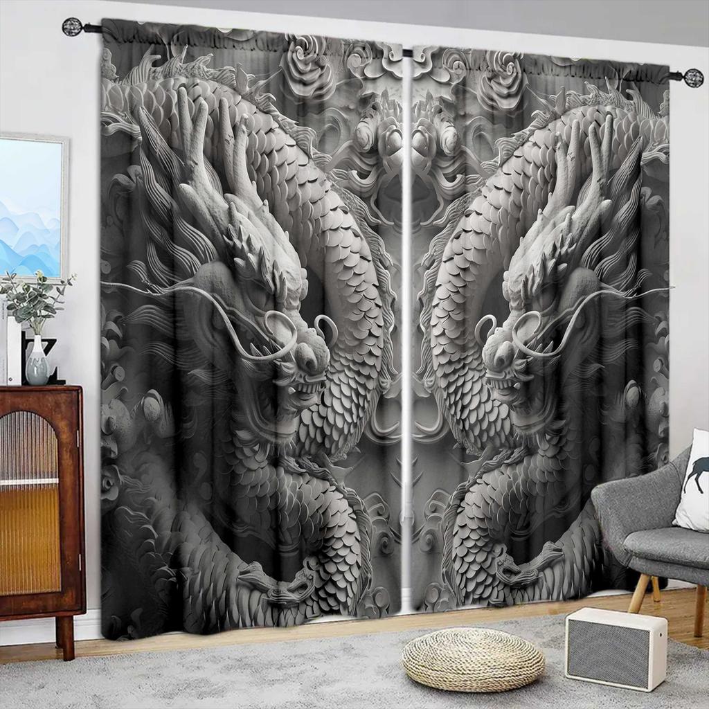 2pcs Brick Carving Printed Curtain for Home Decor - Rod Pocket Window Treatment for Bedroom, Office, Kitchen, Living Room