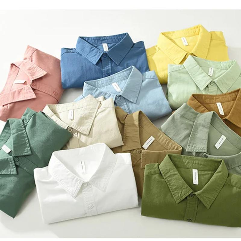 Весенне-летние свежие мужские рубашки с длинными рукавами, повседневные повседневные рубашки из чистого хлопка с лацканами, однотонные свободные рубашки, универсальные мужские топы в простом стиле, 12 цветов