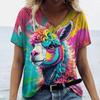Women's T-shirt Summer Color Cat Print Women's Clothing V-neck Short-sleeved Animal Graphic Blouse Street Wear Oversized