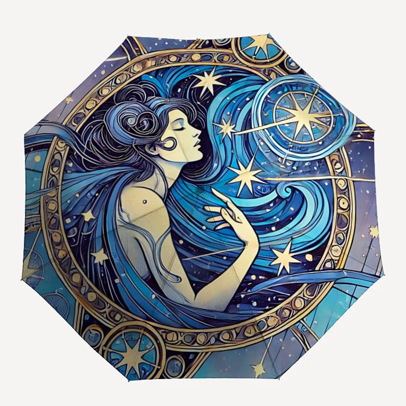 1pc Celestial Mermaid Automatic Open/close Folding Compact Umbrella, 8-Rib Sturdy Canopy, Lightweight Portable, Everyday Use, Gift,069