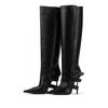 Fashion New Black Belt Buckle Tab High-heel Knee High Boots Autumn Winter Women Fashion Pole Dance Pointed Solid Color Long Boots 35-44