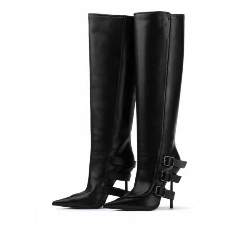 Fashion New Black Belt Buckle Tab High-heel Knee High Boots Autumn Winter Women Fashion Pole Dance Pointed Solid Color Long Boots 35-44