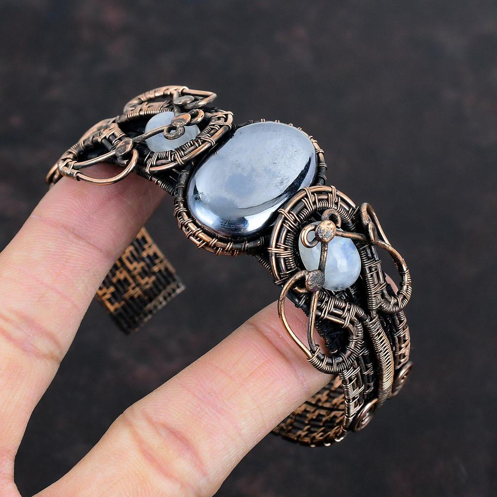 Браслет-манжета из шунгита, браслет-манжета из медной проволоки, браслет из радужного лунного камня, регулируемый браслет-манжета, ювелирные изделия ручной работы из драгоценных камней, подарки для нее