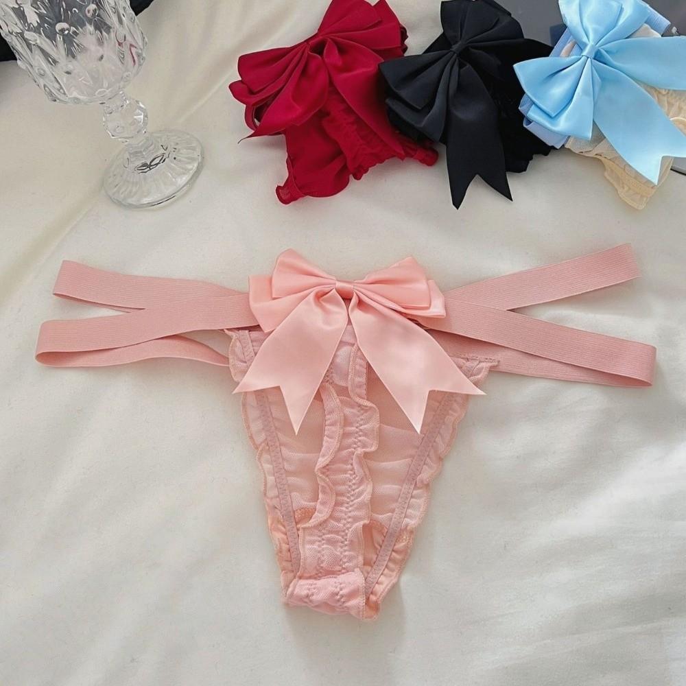 Delicate Bow Briefs Low Waist Sheer Mesh Panties Sweet Cross Strappy Thong  Valentine's Day