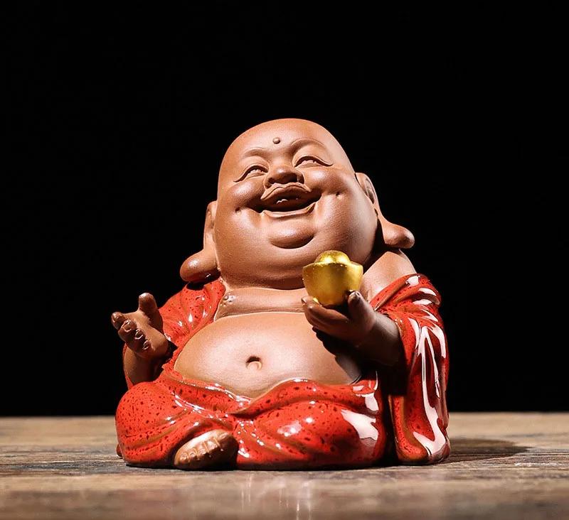 Украшения из фиолетовой глины в китайском стиле дзен в виде Будды Майтрейи, для гостиной, крыльца, автомобиля, чайный сервиз